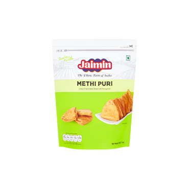 "Jaimin Methi Puri 200g – Crispy Indian fenugreek snack available in UK"